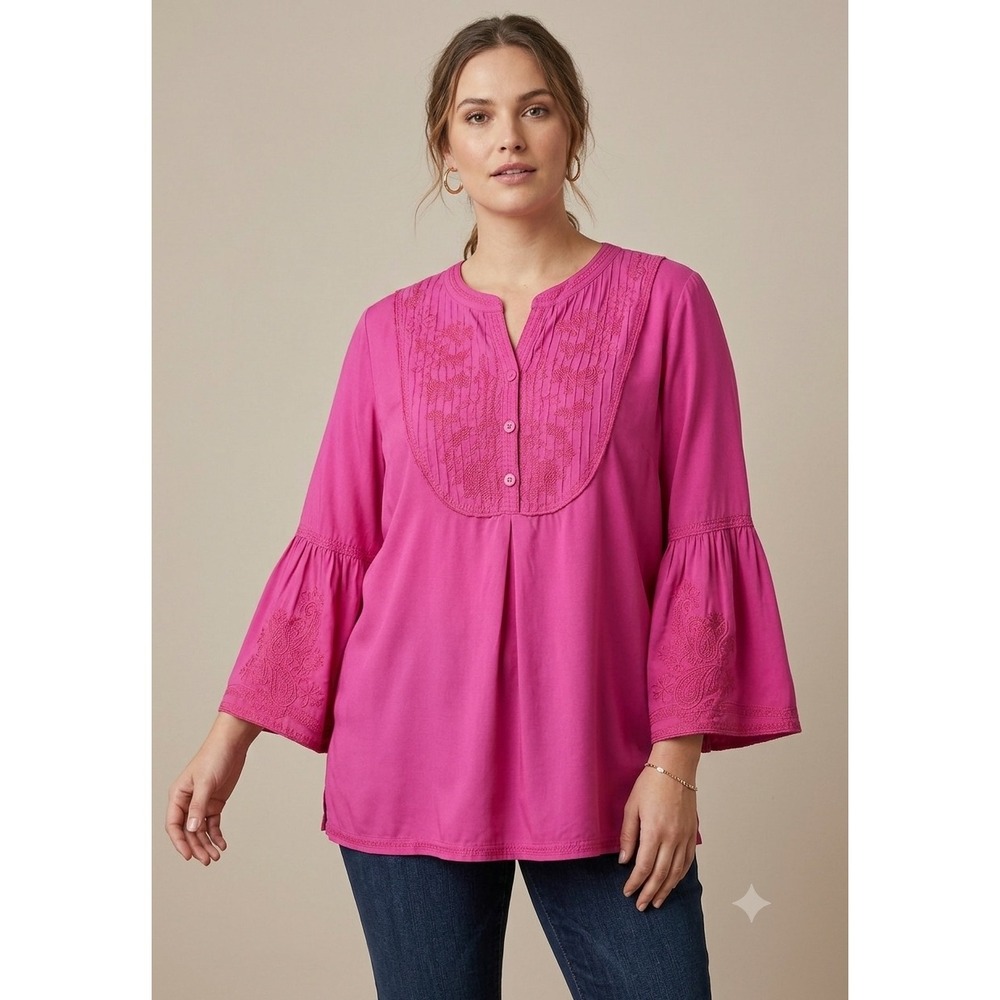 NWT John Mark Embroidered Bell Sleeve Blouse XL Bright Hot Pink Boho Peasant Top